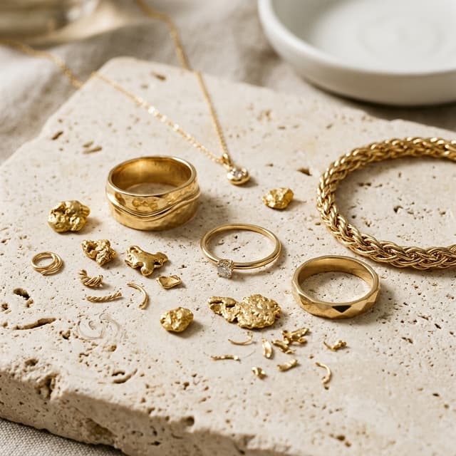 Gold jewelry and scrap gold pieces editorial layout